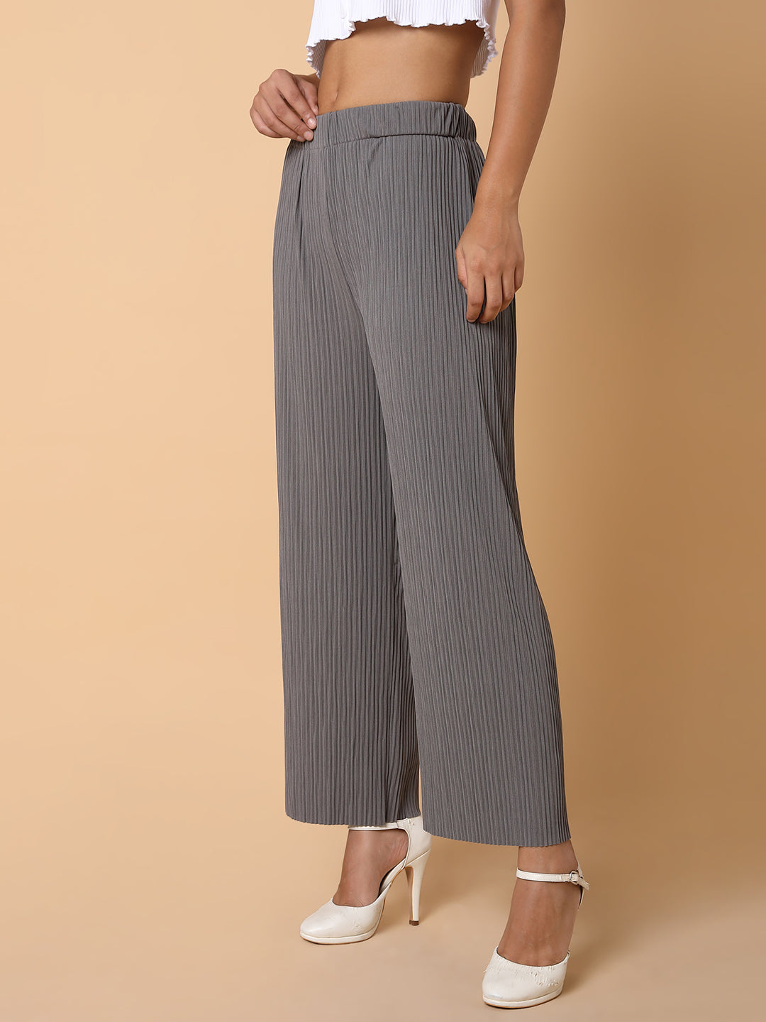 Women Flat Front Solid Grey Trousers