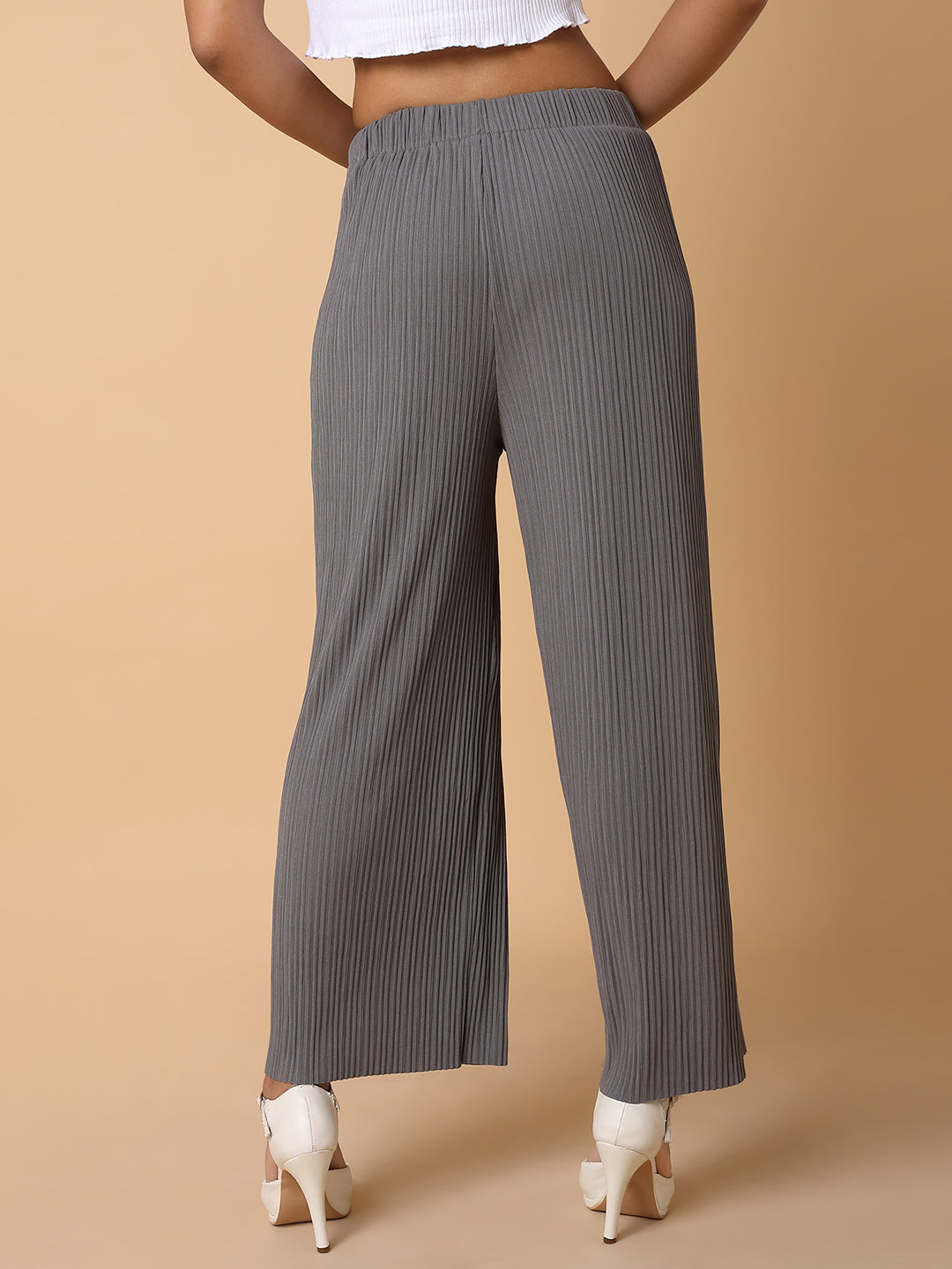 Women Flat Front Solid Grey Trousers