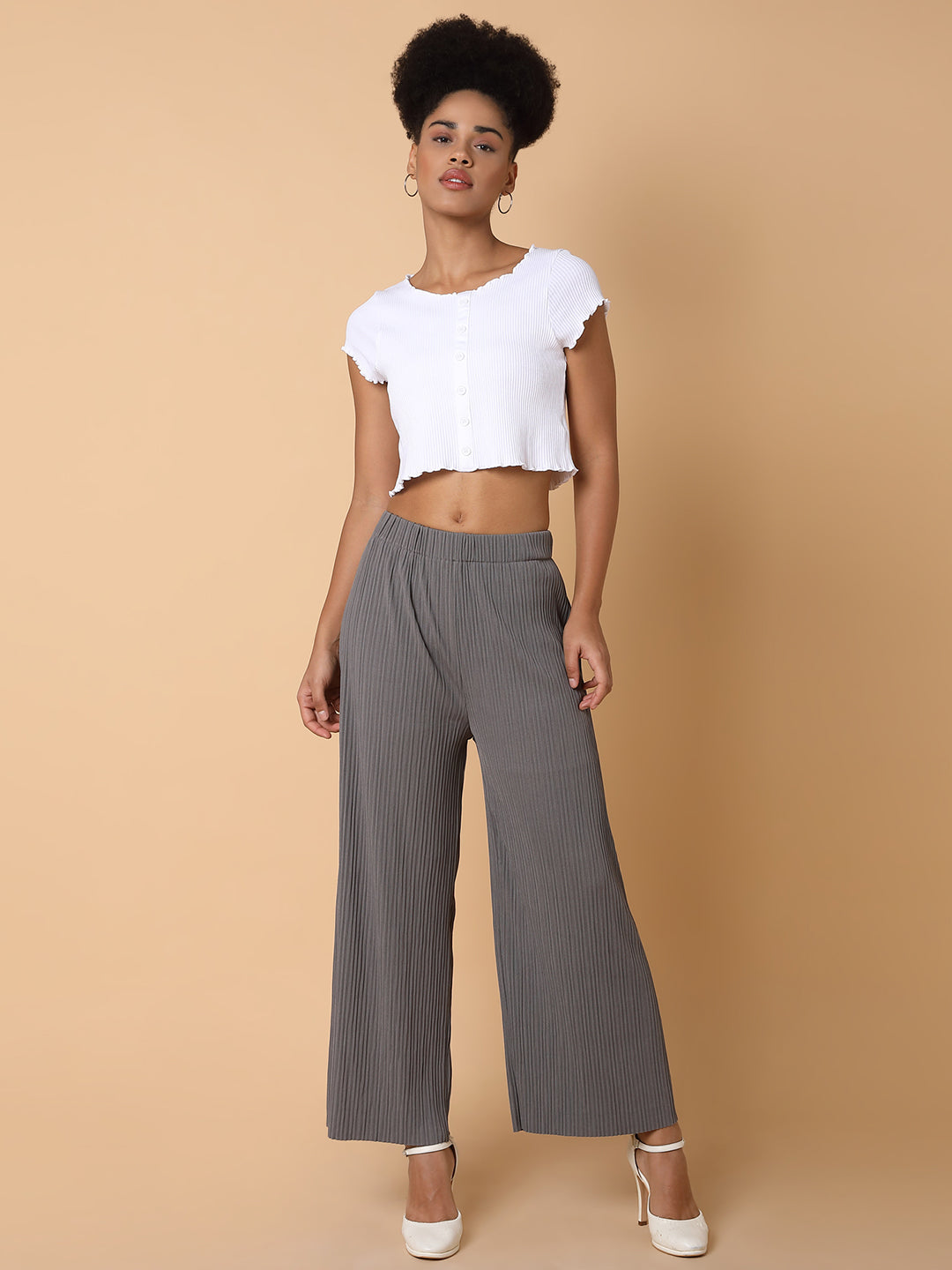 Women Flat Front Solid Grey Trousers