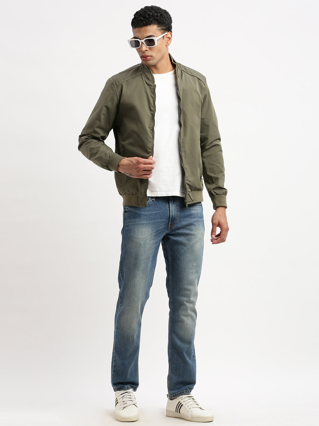 Men Mandarin Collar Olive Solid Bomber Jacket