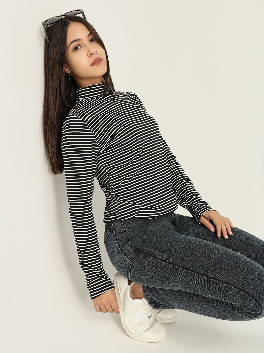 Women Striped Black Fitted Top