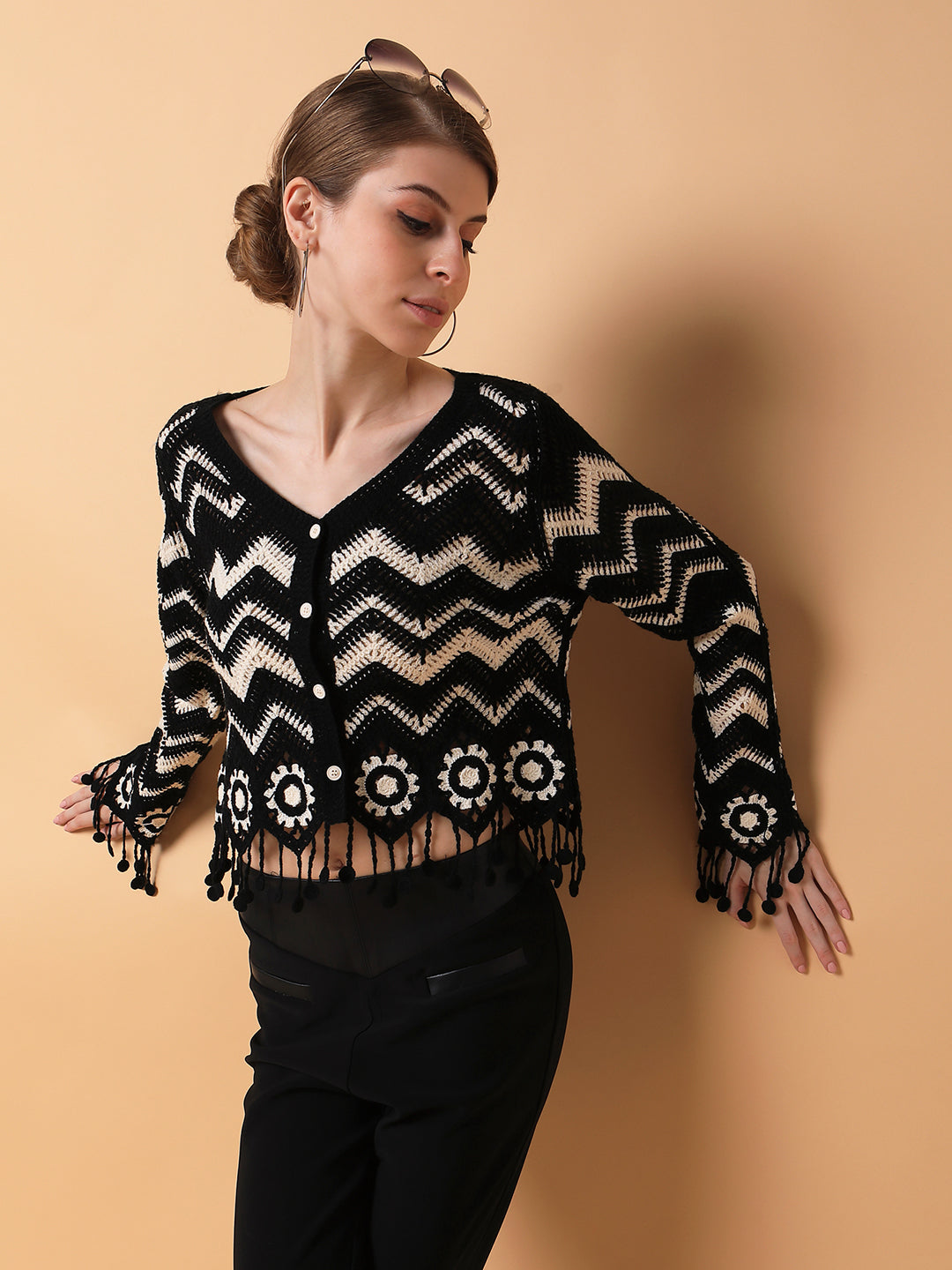 Women Self Design Black Crochet Top