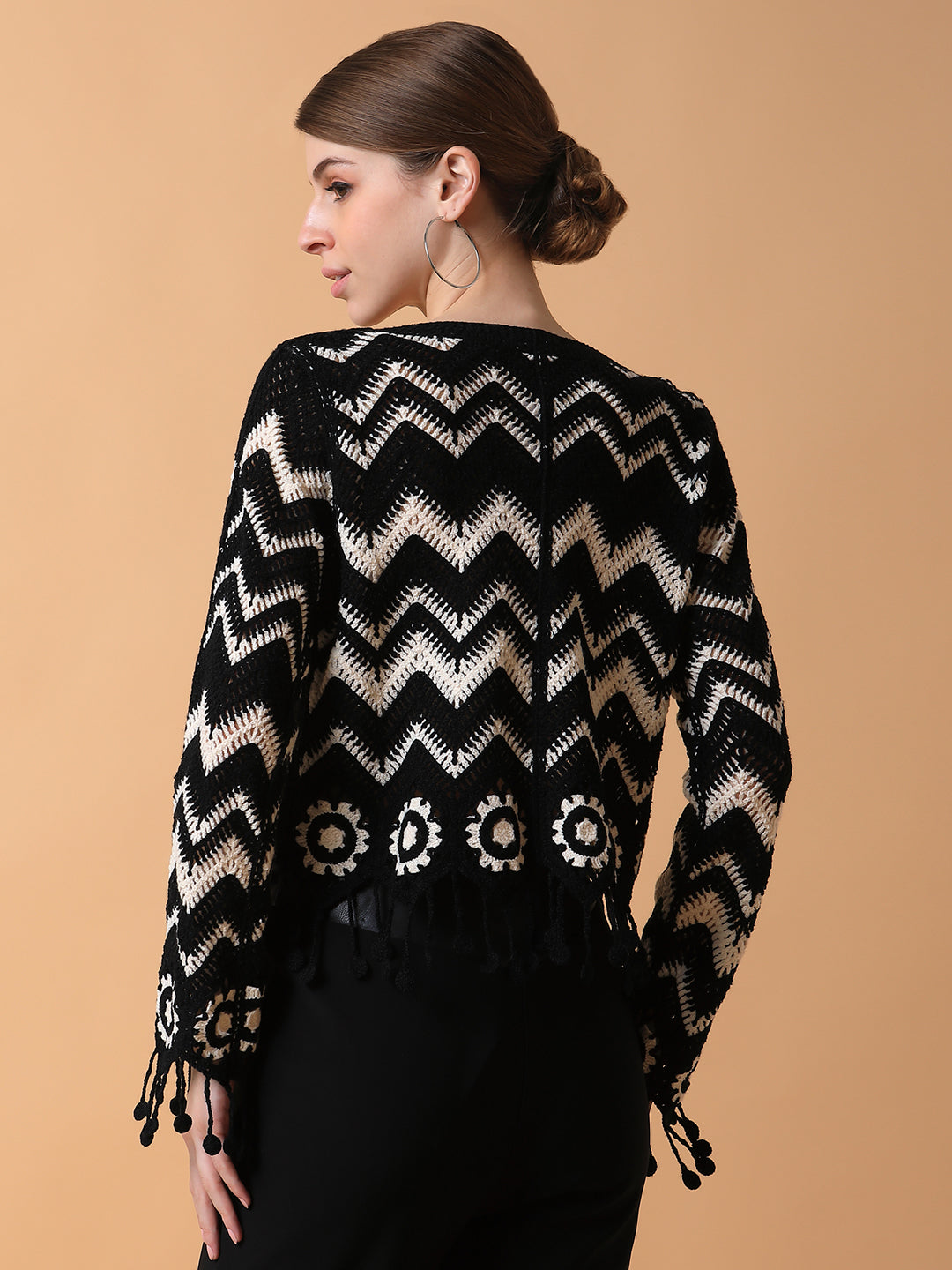 Women Self Design Black Crochet Top