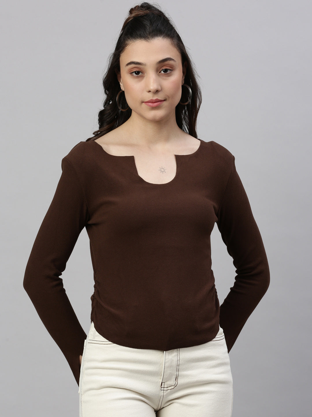 Women Solid Brown Fitted Top