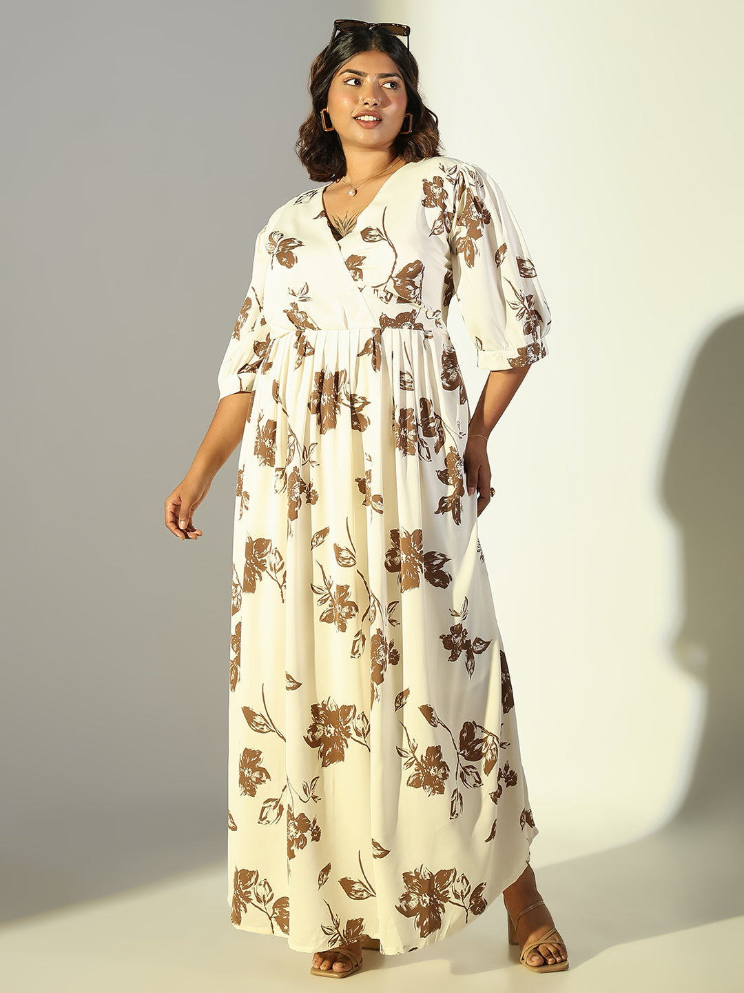 Women Cream Floral Fit and Flare Dress