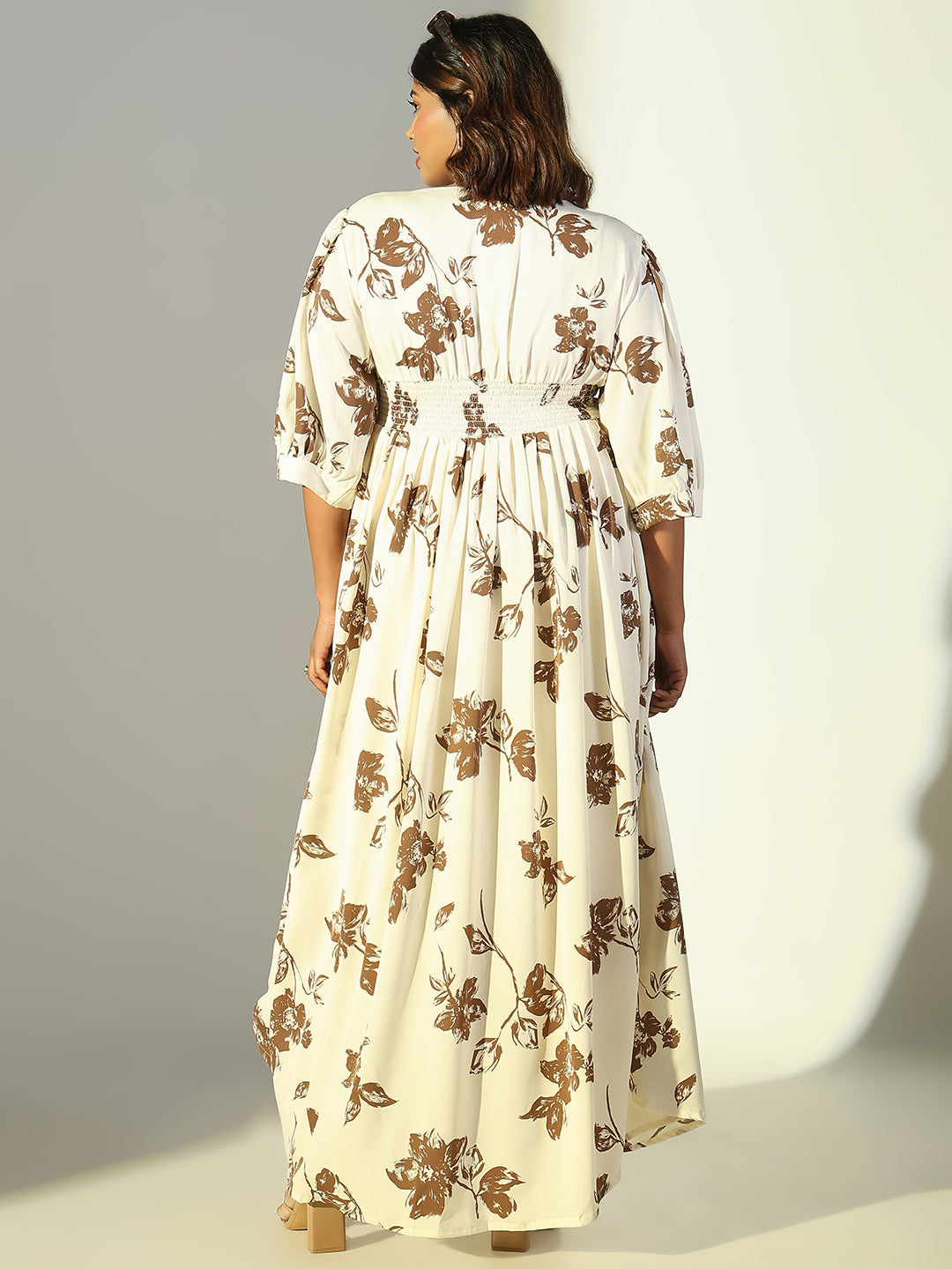 Women Cream Floral Fit and Flare Dress