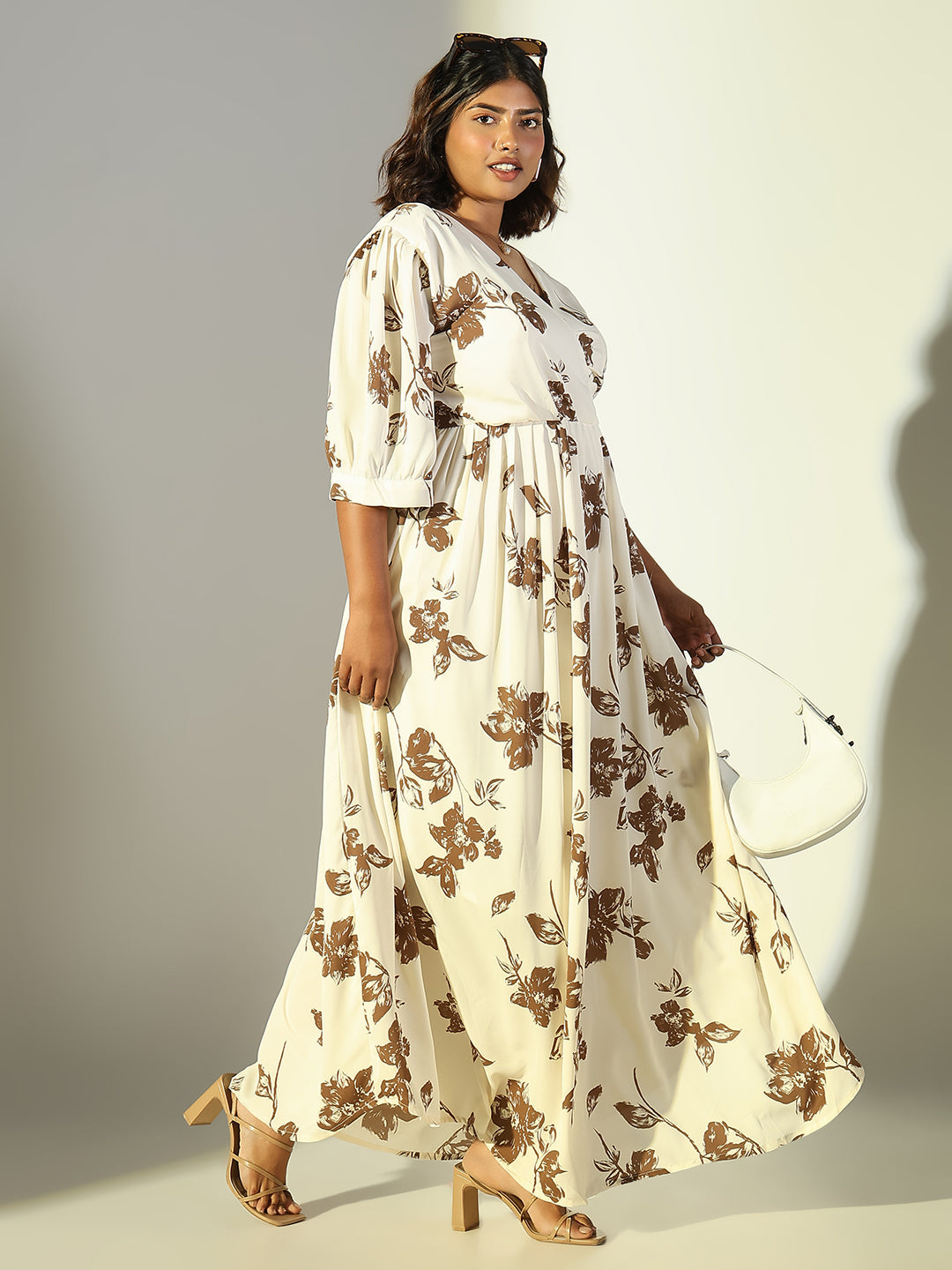 Women Cream Floral Fit and Flare Dress