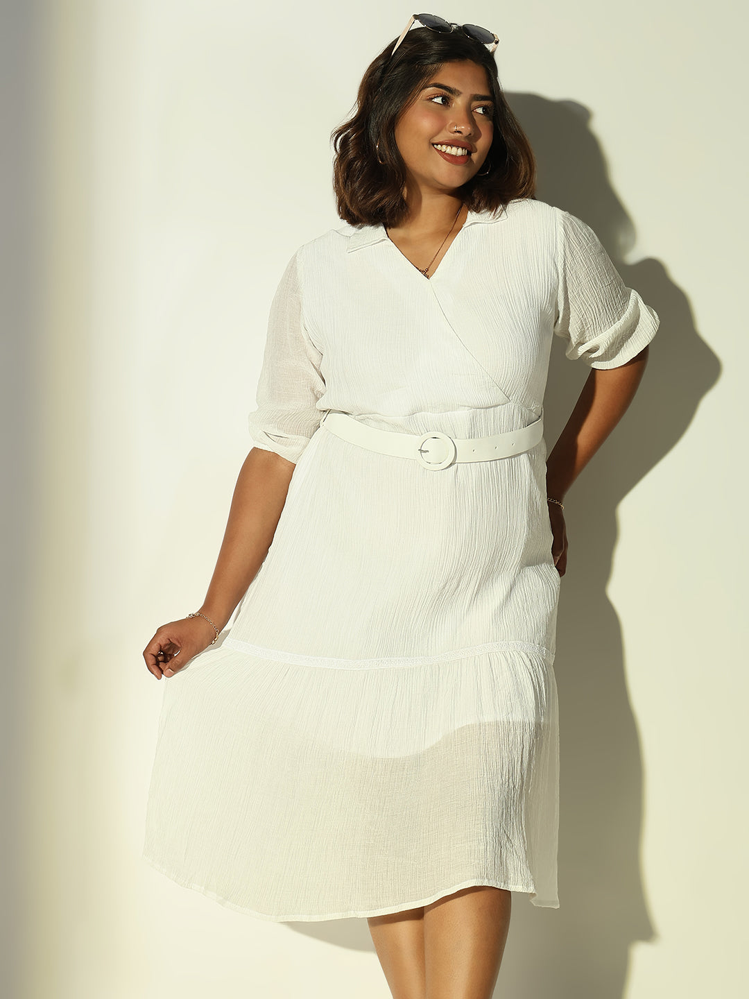 Women White Solid Fit and Flare Dress with Belt