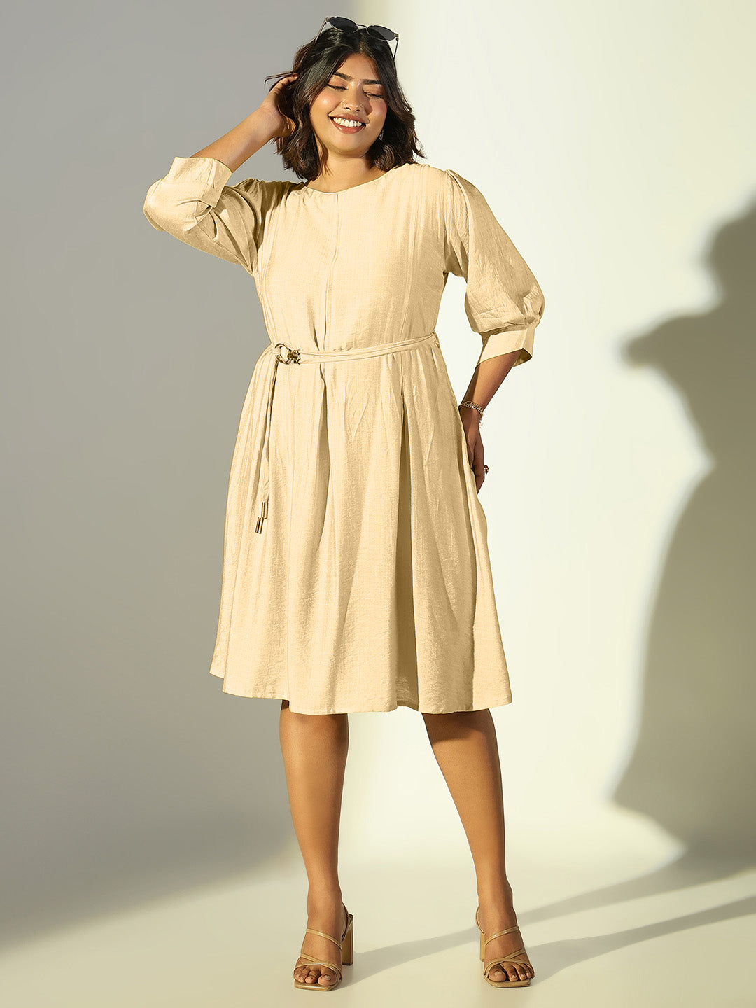 Women Beige Solid A Line Dress with Belt