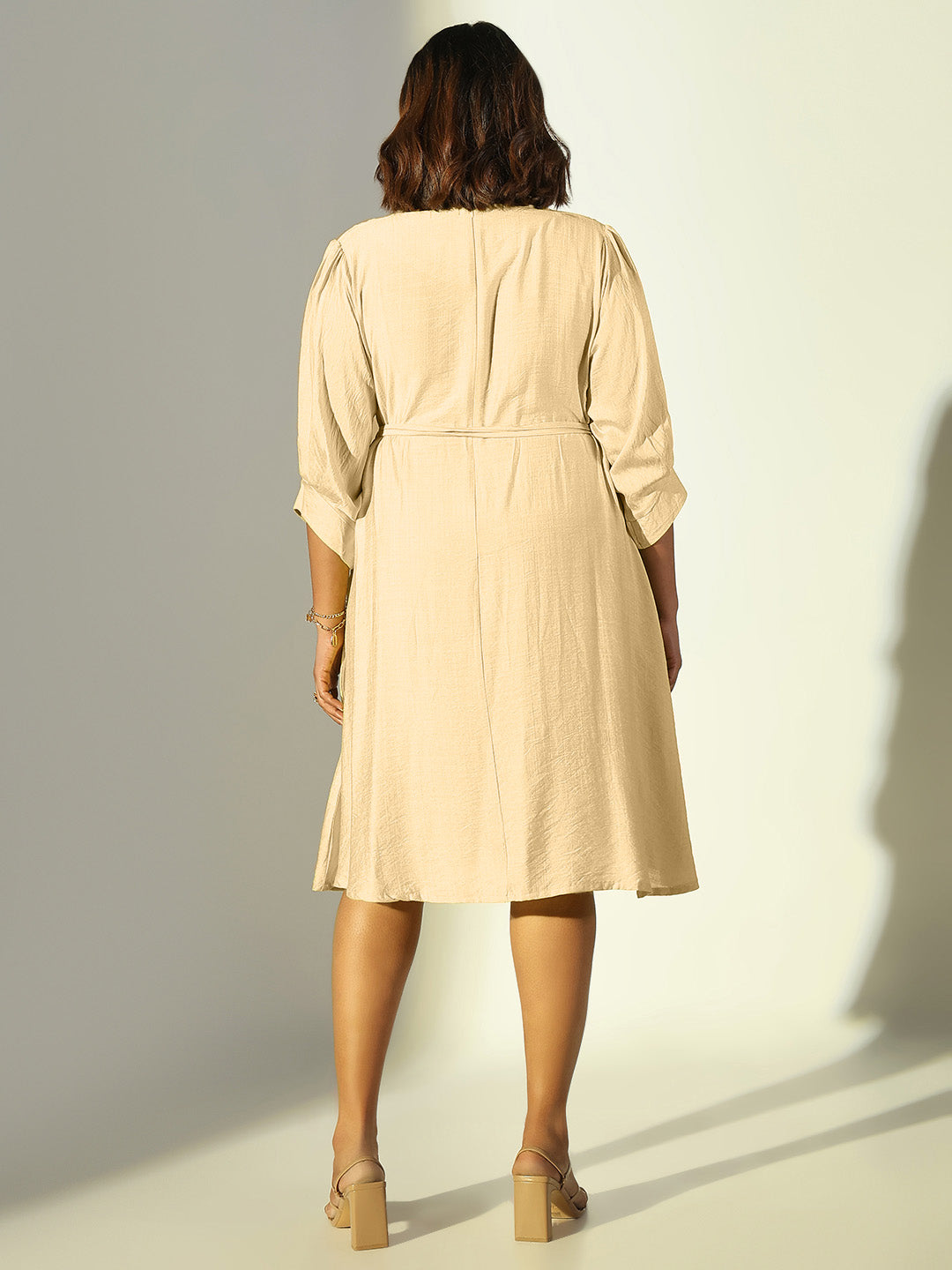 Women Beige Solid A Line Dress with Belt