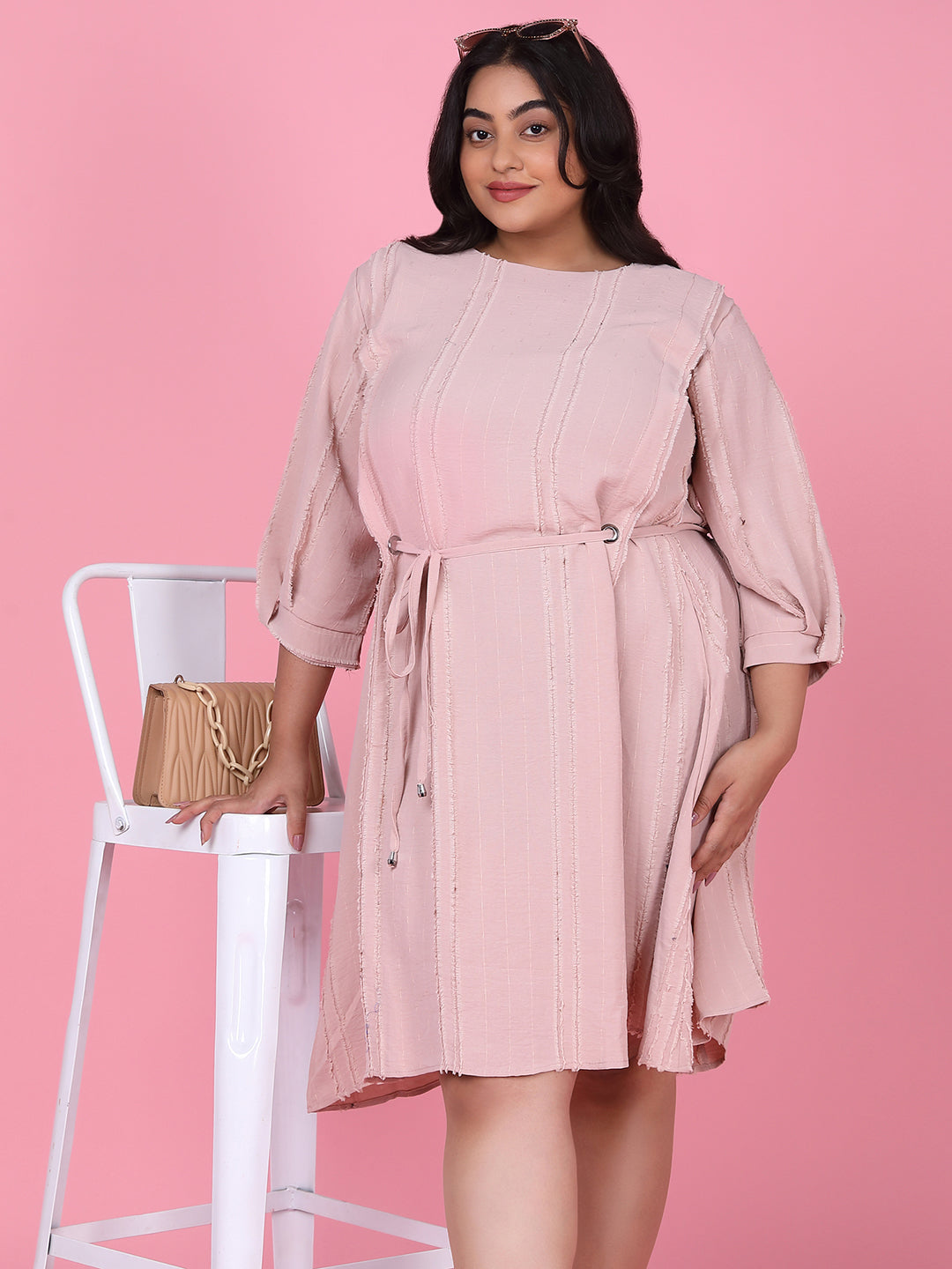 Women Solid Peach Fit and Flare Dress