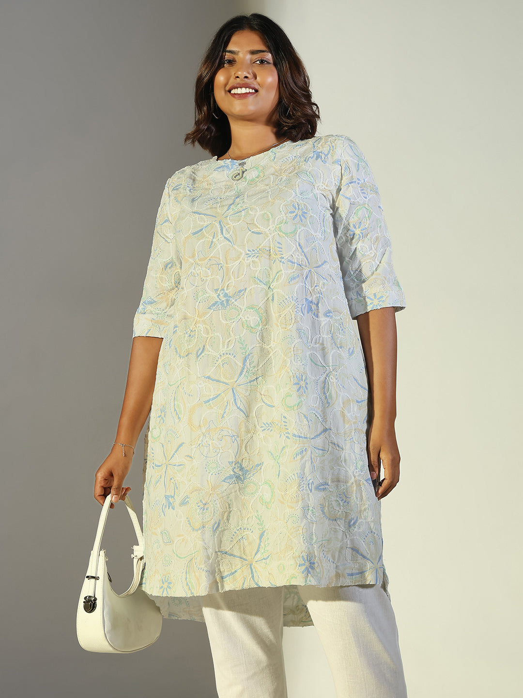 Women White Floral Straight Kurta