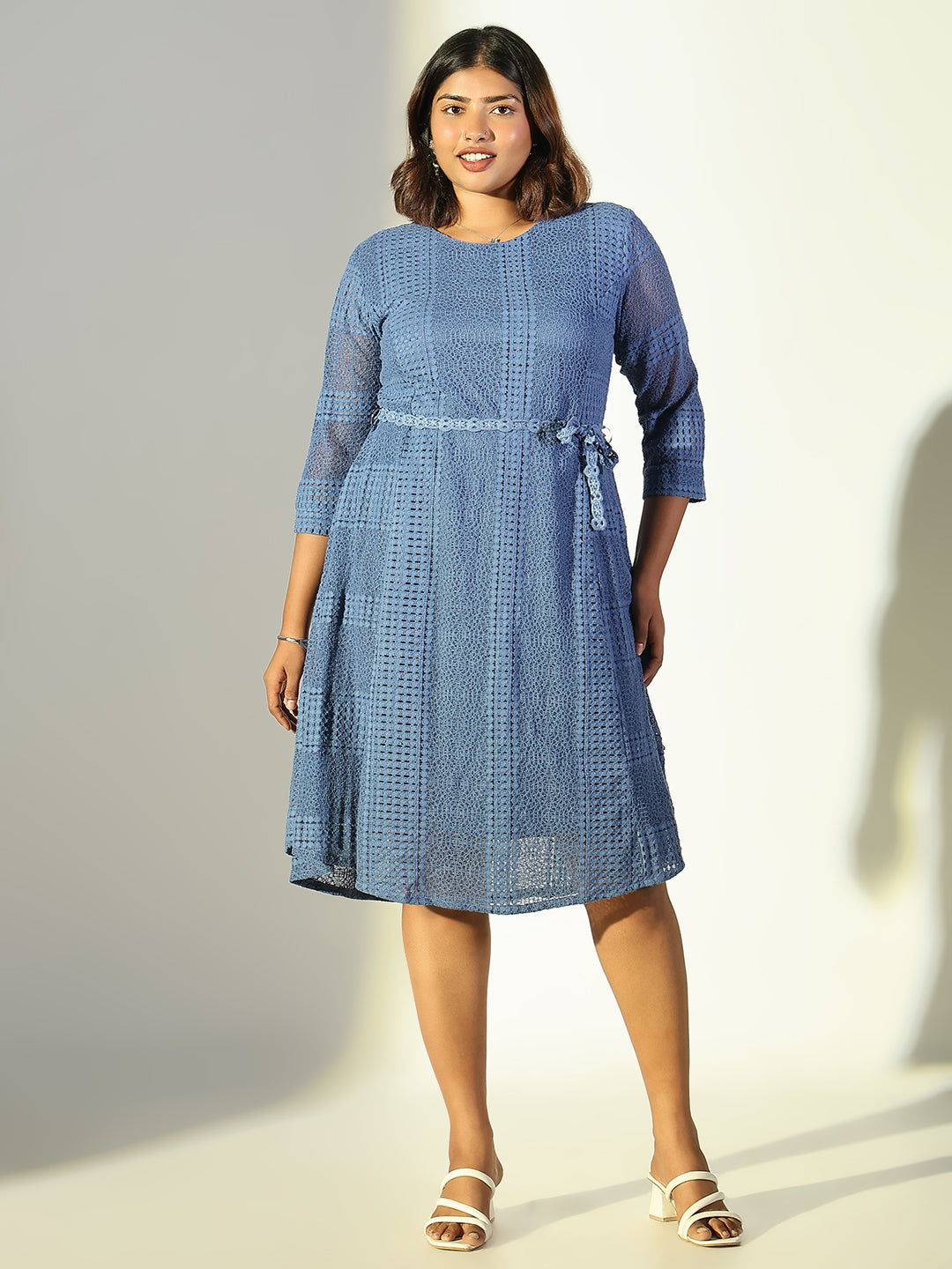 Women Blue Solid Fit and Flare Dress with Belt