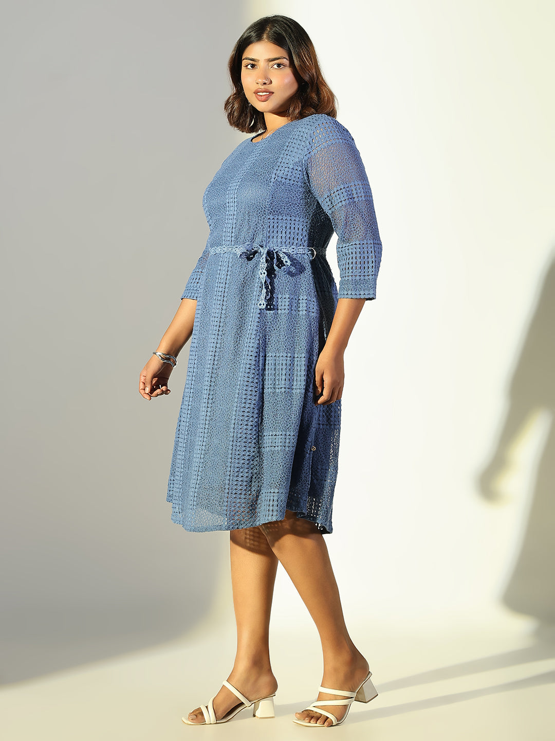 Women Blue Solid Fit and Flare Dress with Belt