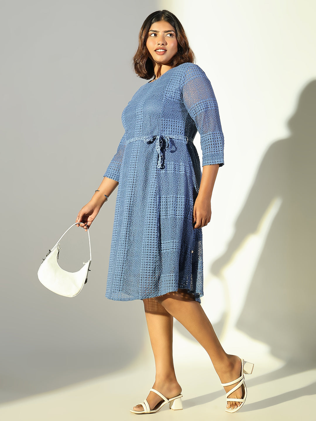 Women Blue Solid Fit and Flare Dress with Belt