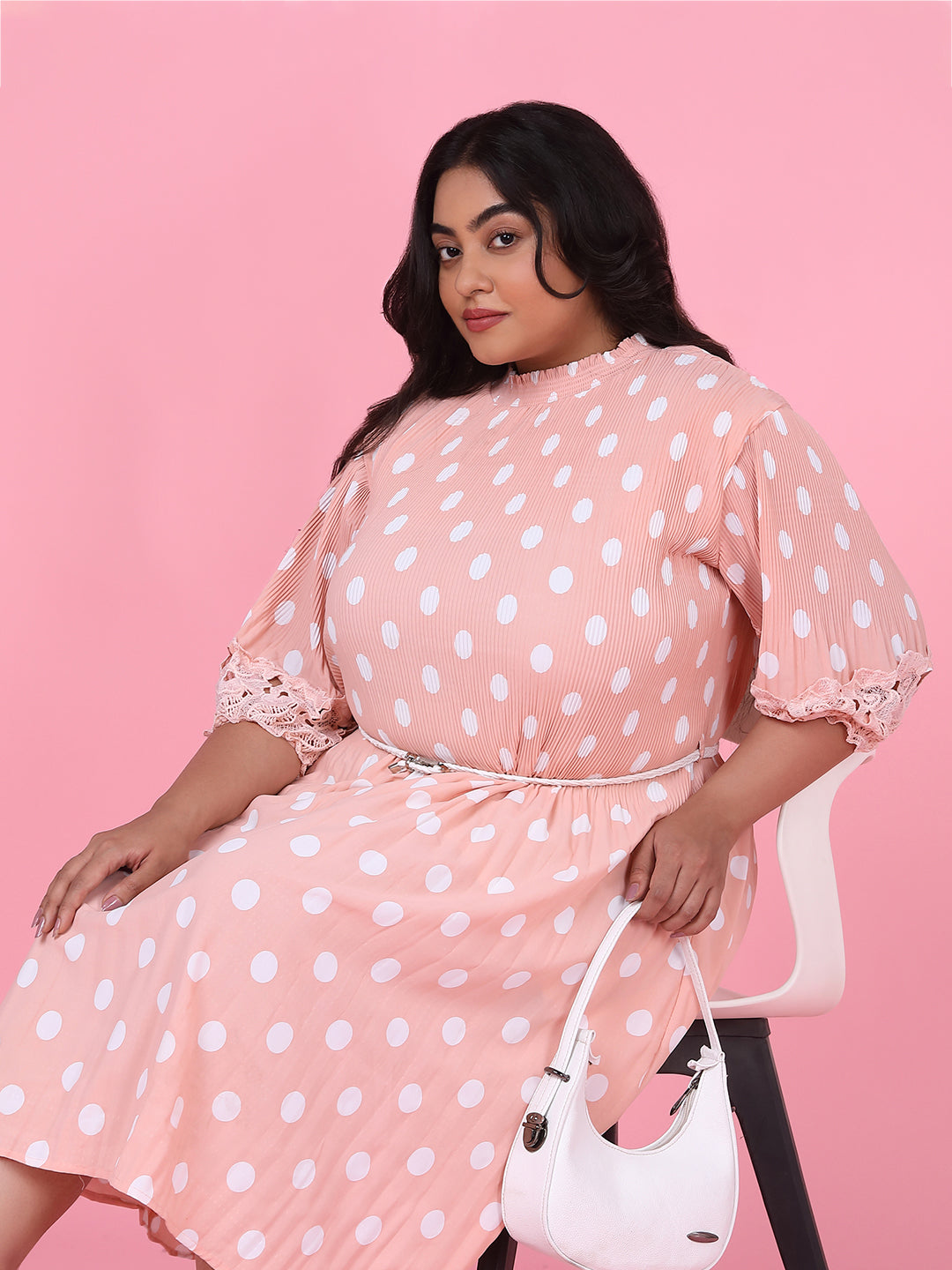 Women Polka Dots Peach Fit and Flare Dress with Belt