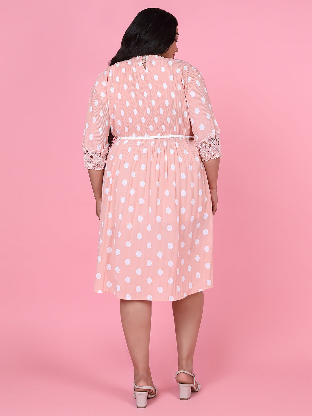 Women Polka Dots Peach Fit and Flare Dress with Belt