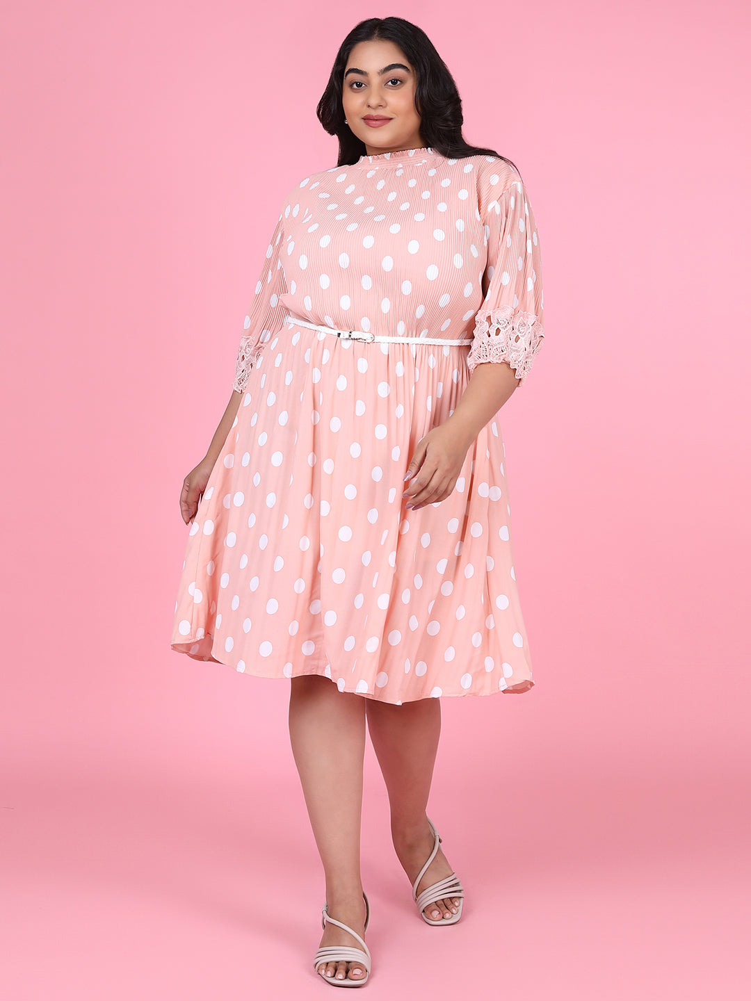 Women Polka Dots Peach Fit and Flare Dress with Belt