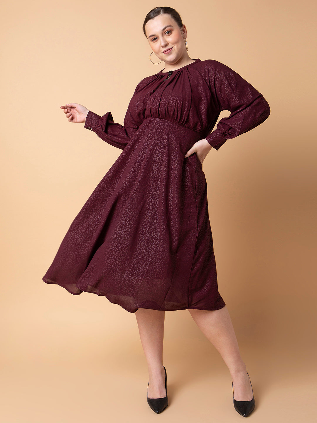 Women Floral Maroon Fit and Flare Midi Dress