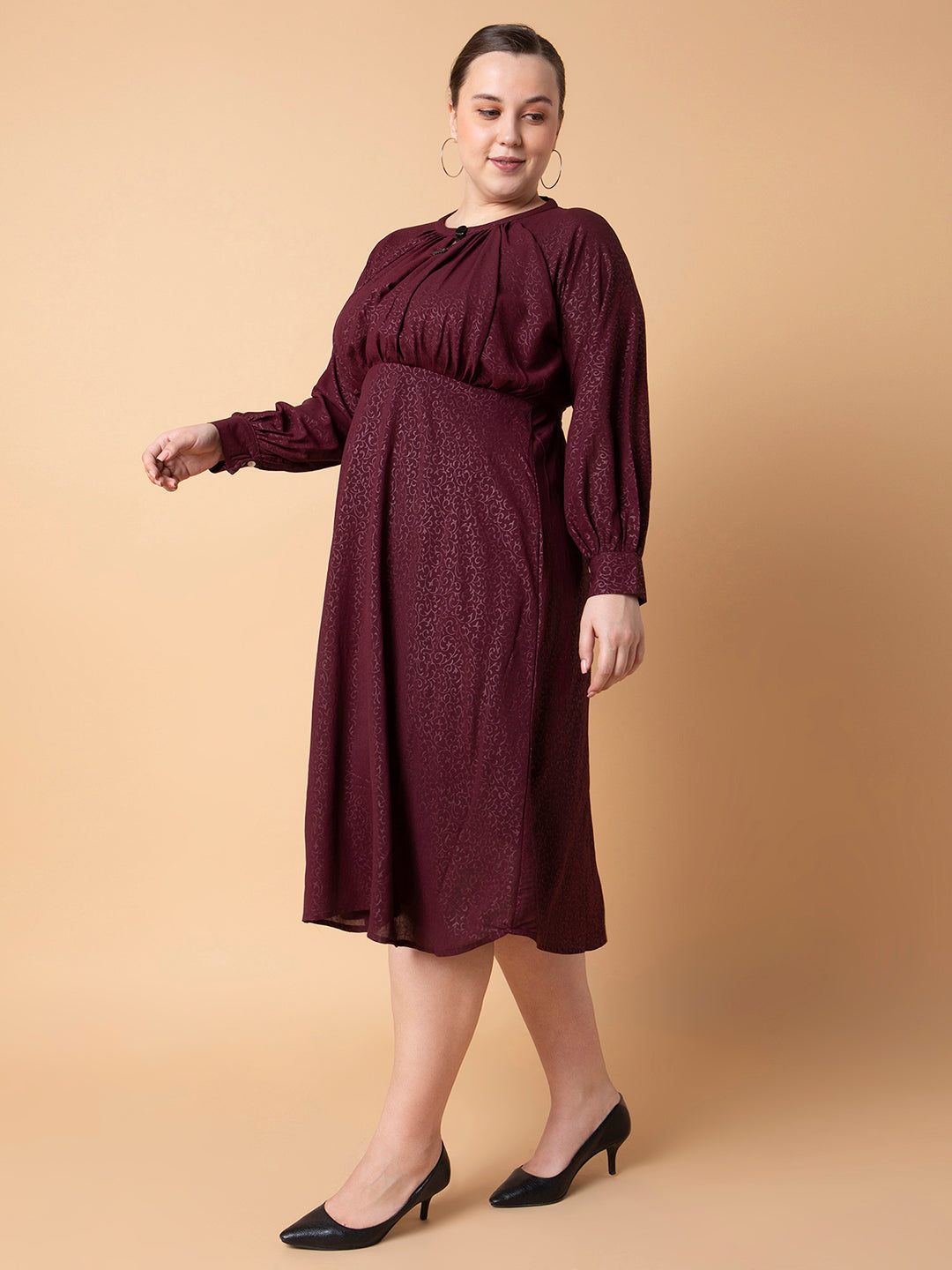 Women Floral Maroon Fit and Flare Midi Dress