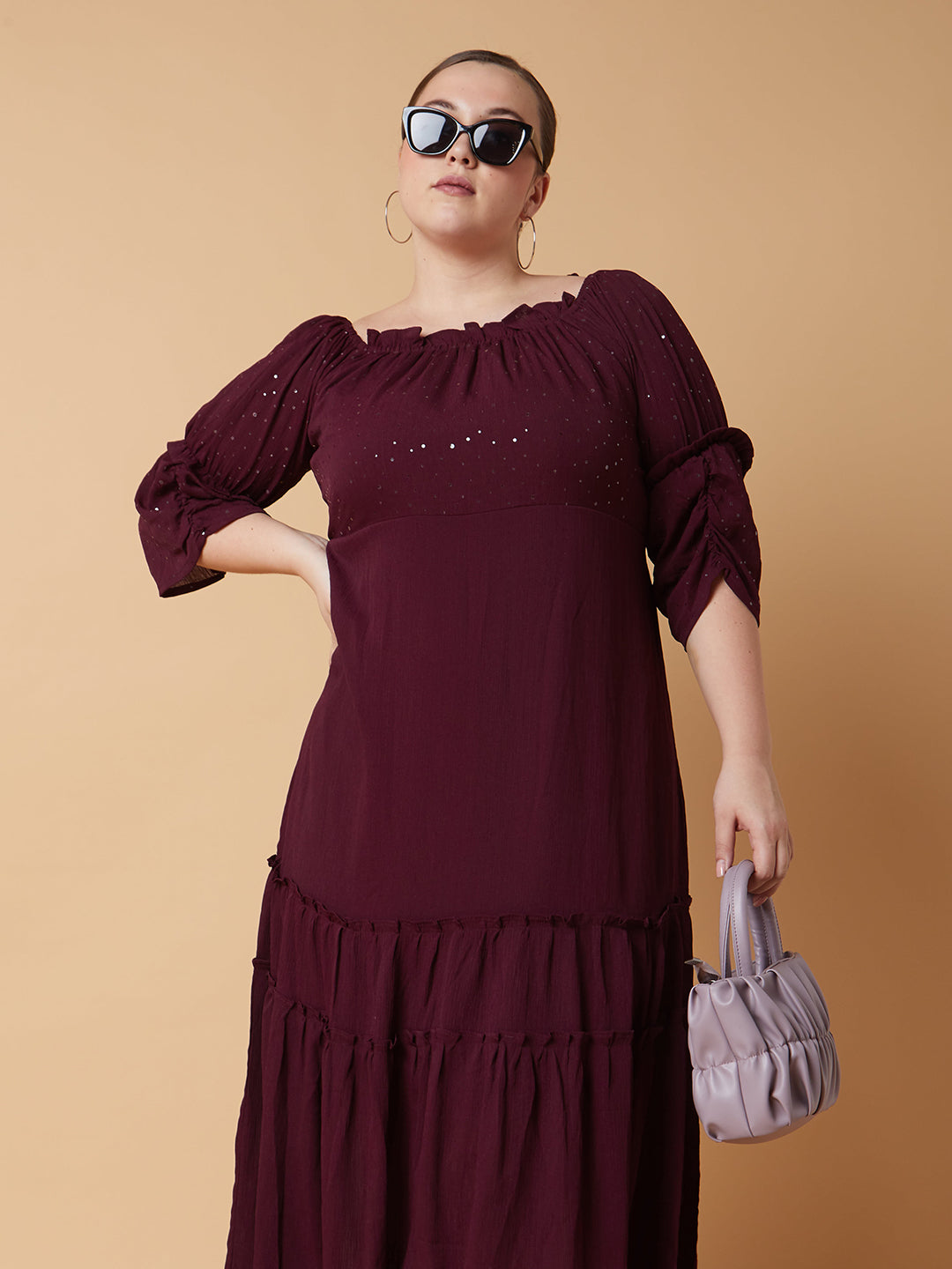 Women Solid Burgundy Fit and Flare Midi Dress