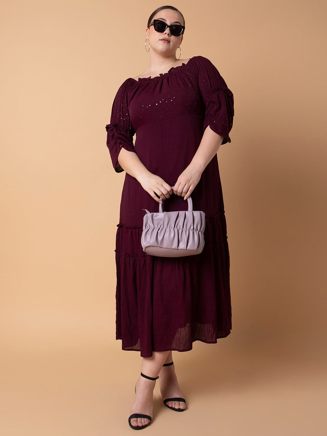 Women Solid Burgundy Fit and Flare Midi Dress