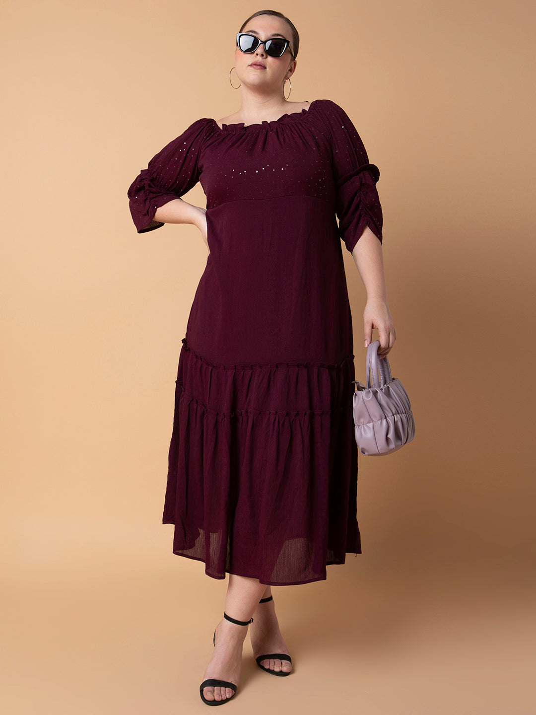 Women Solid Burgundy Fit and Flare Midi Dress