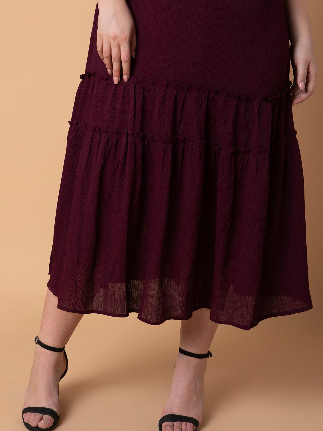 Women Solid Burgundy Fit and Flare Midi Dress