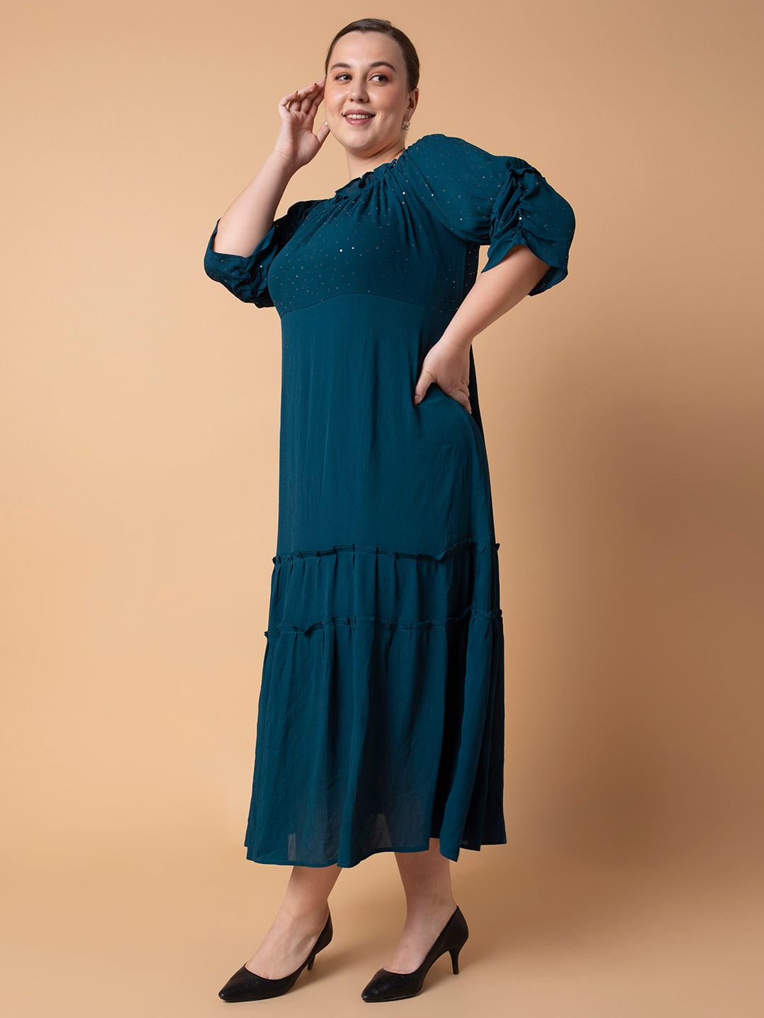 Women Solid Teal Fit and Flare Midi Dress