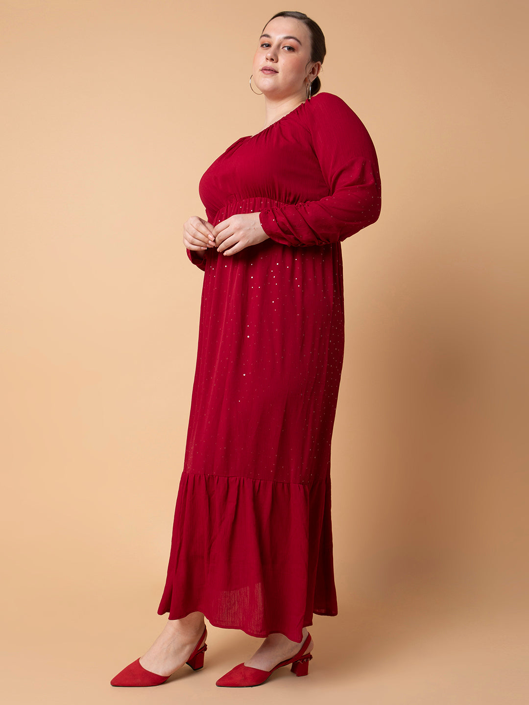 Women Solid Maroon Fit and Flare Midi Dress