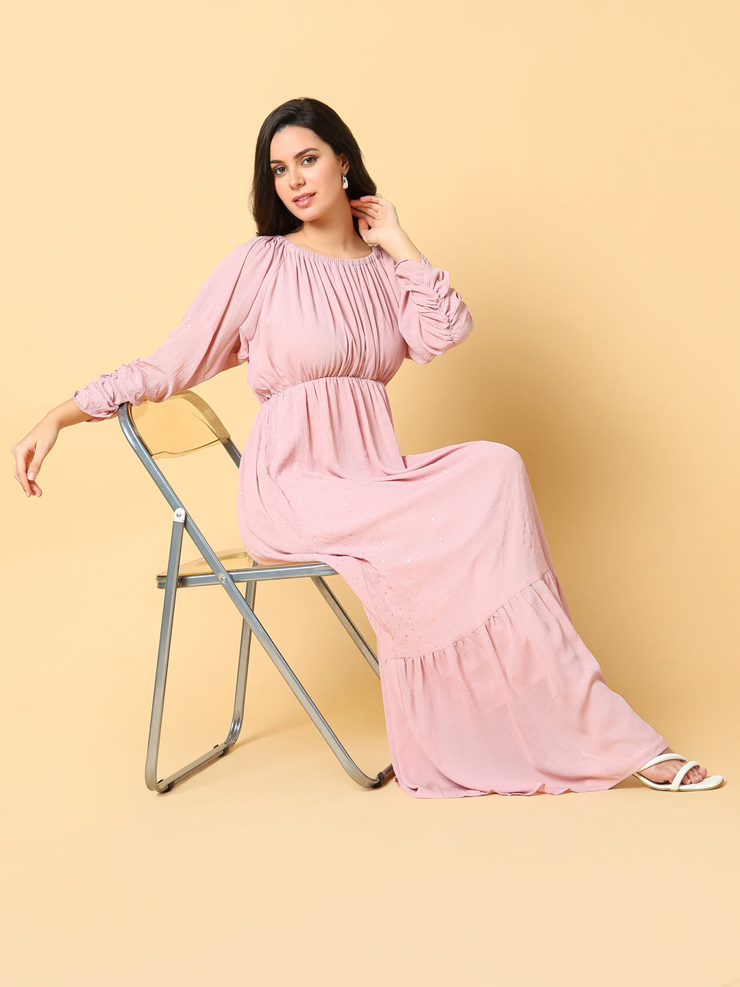 Women Solid Pink Fit and Flare Dress