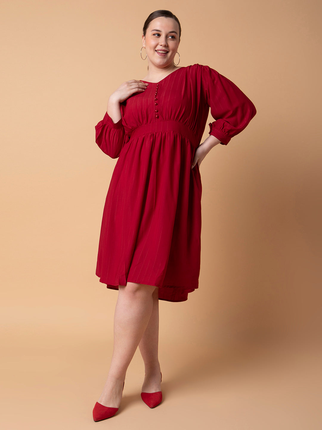 Women Solid Maroon Fit and Flare Midi Dress