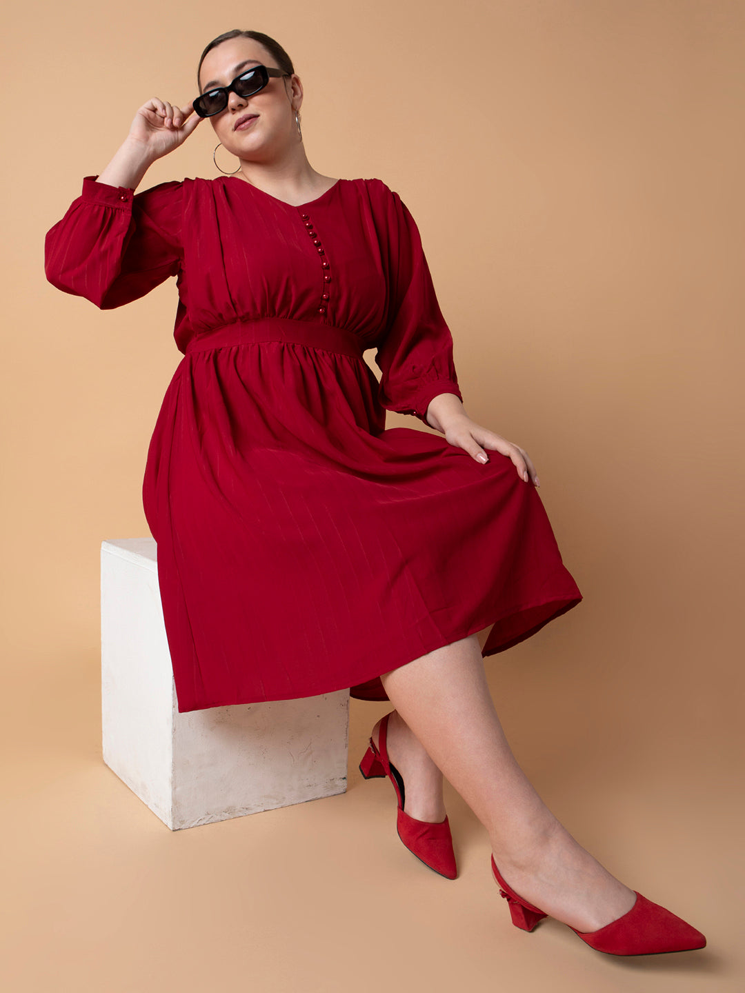 Women Solid Maroon Fit and Flare Midi Dress