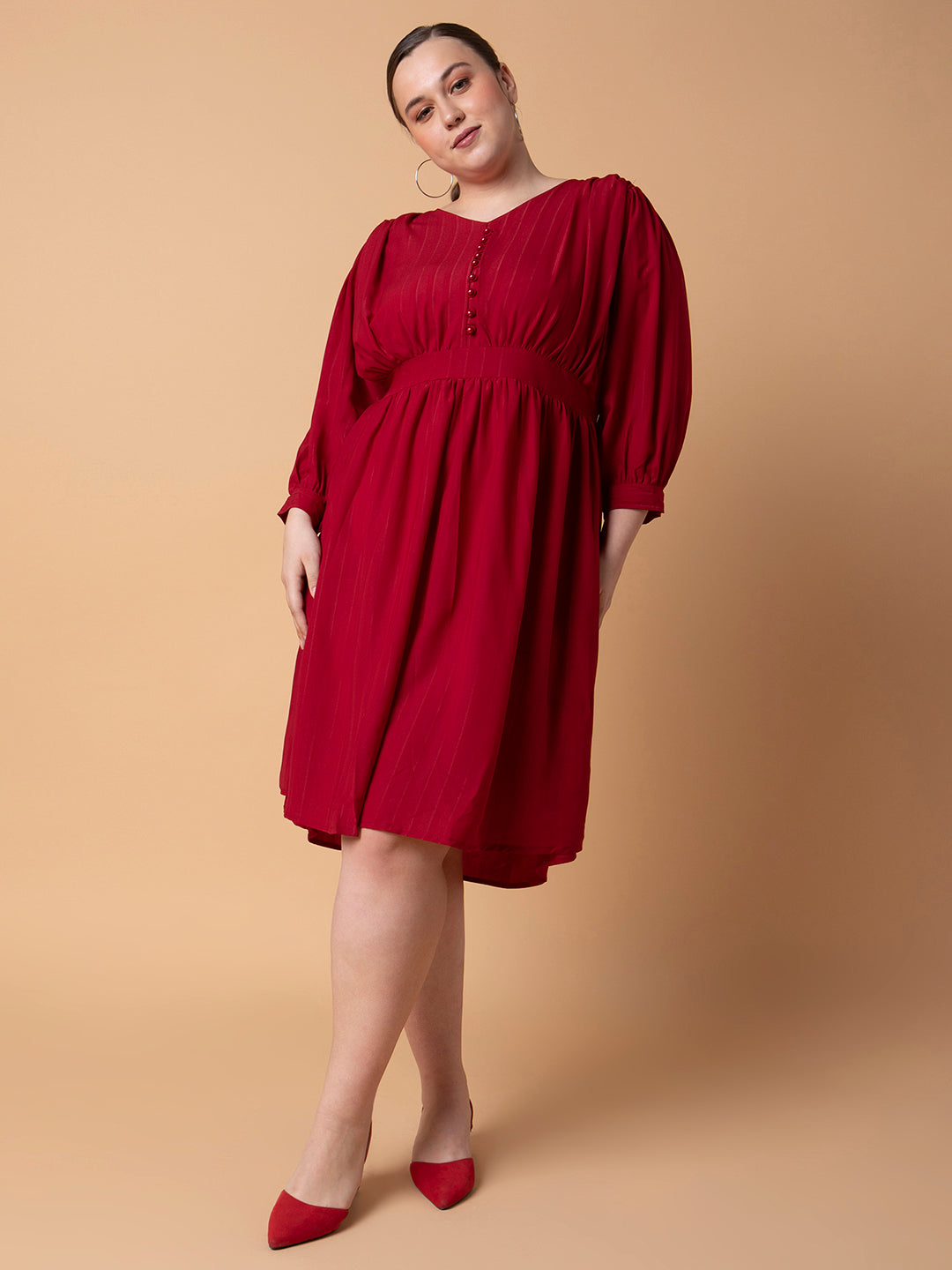 Women Solid Maroon Fit and Flare Midi Dress