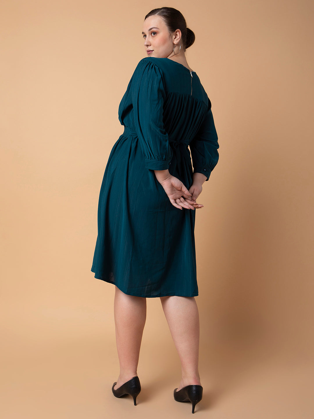 Women Solid Teal Fit and Flare Midi Dress