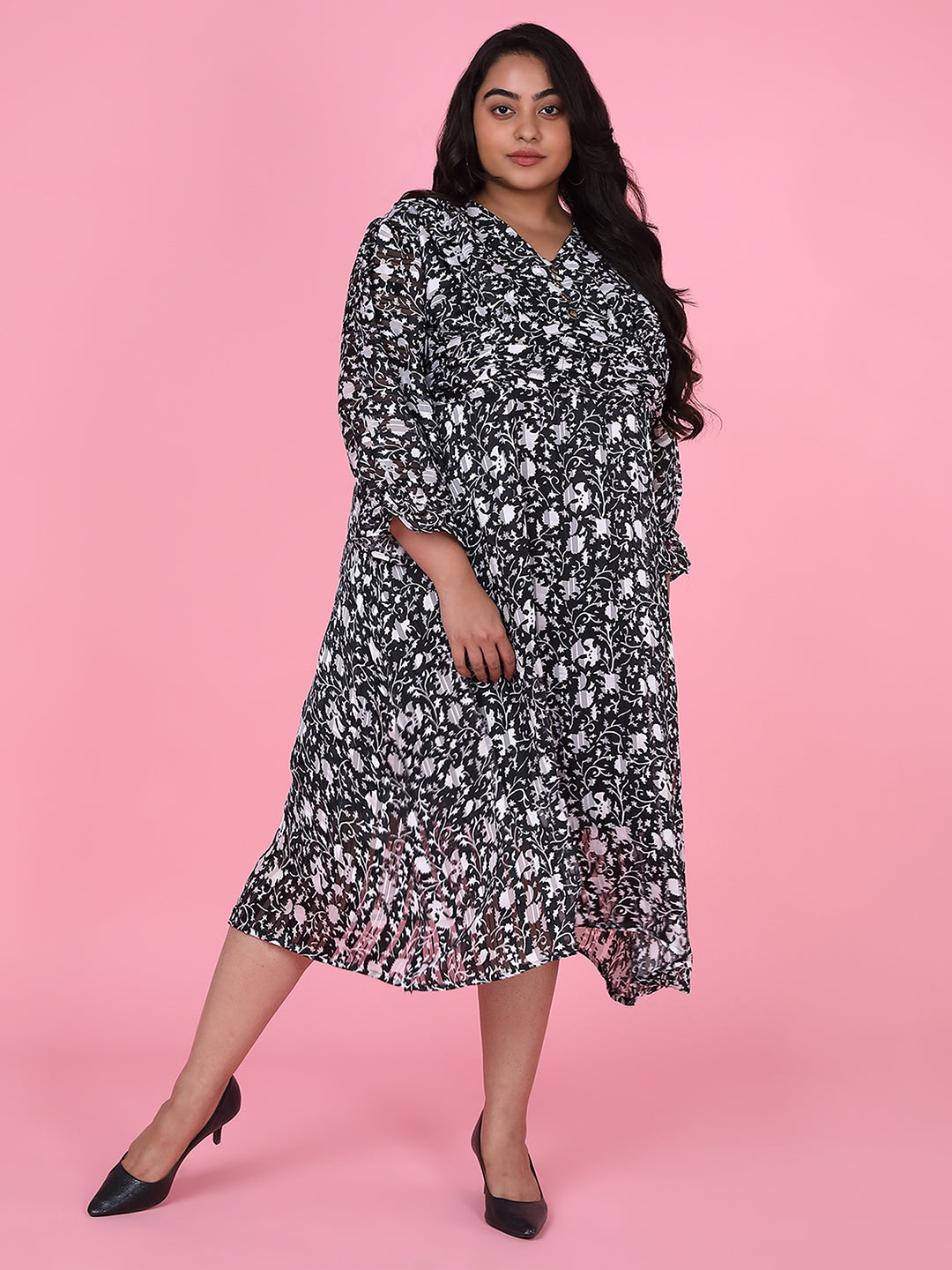 Women Floral Black Fit and Flare Midi Dress