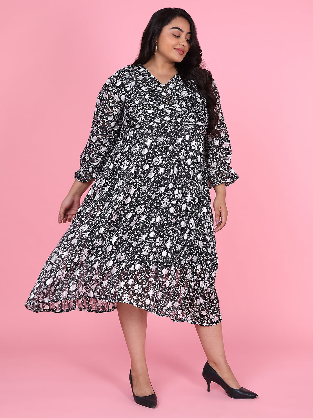 Women Floral Black Fit and Flare Midi Dress