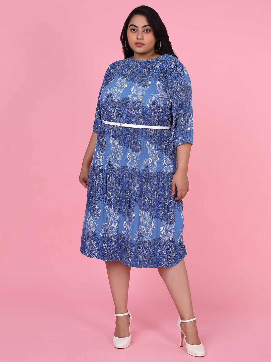 Women Abstract Blue A Line Dress with Belt