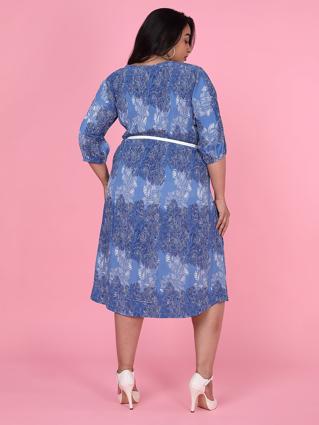 Women Abstract Blue A Line Dress with Belt