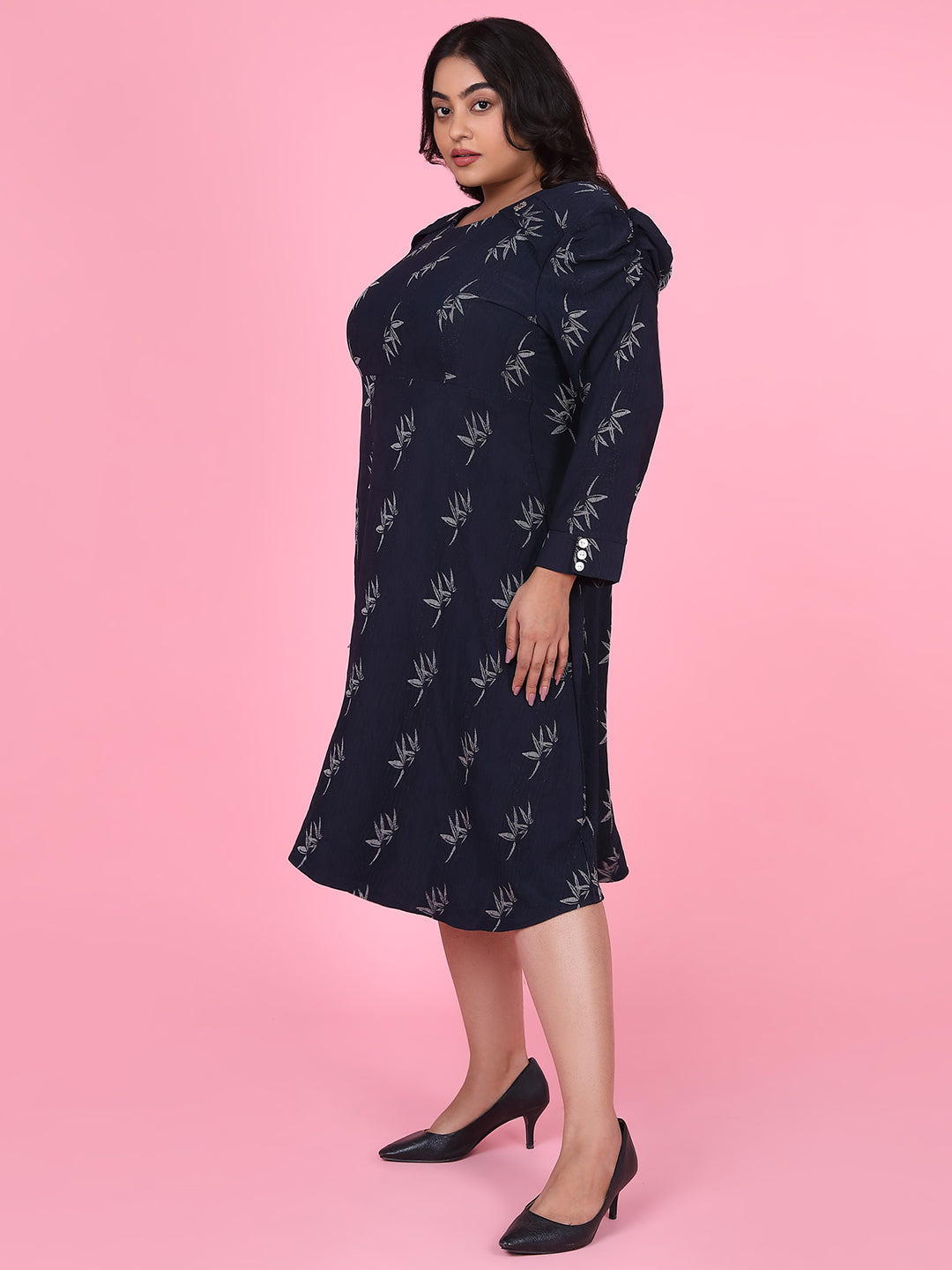 Women Floral Navy Blue Fit and Flare Dress