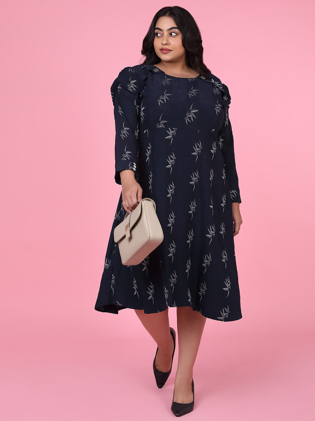 Women Floral Navy Blue Fit and Flare Dress