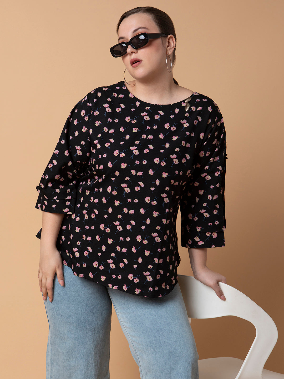 Women Floral Black Top