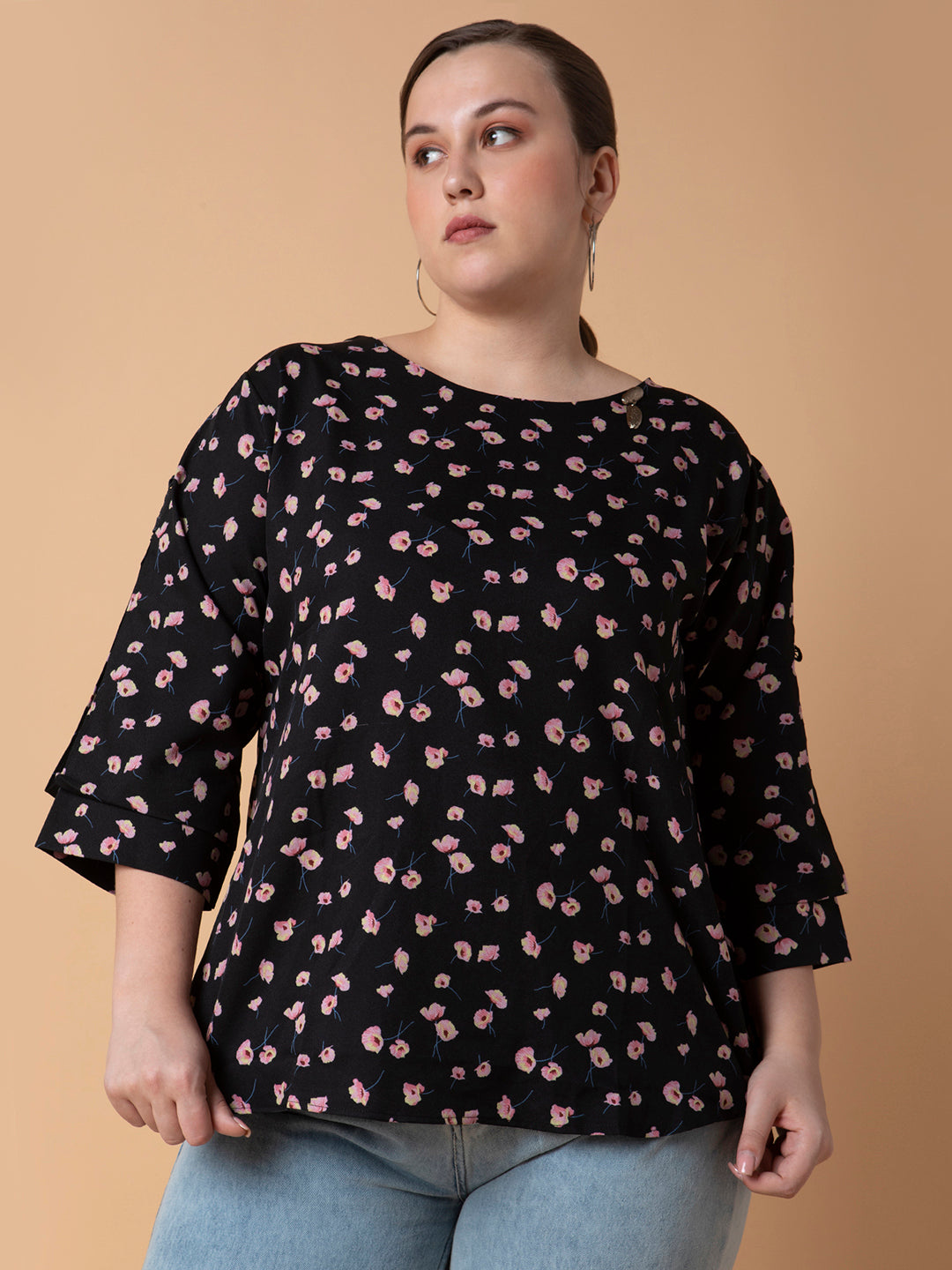 Women Floral Black Top