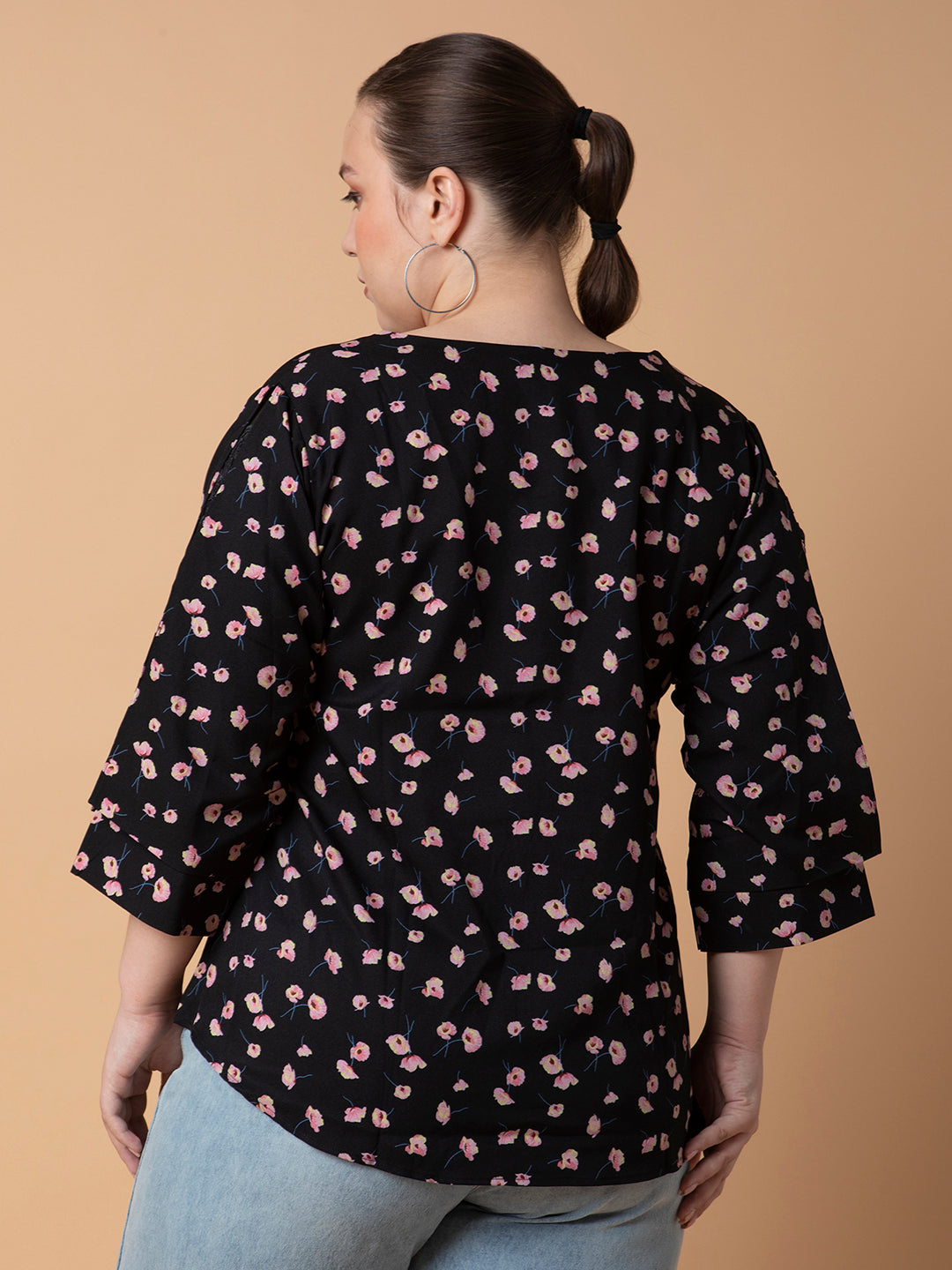 Women Floral Black Top