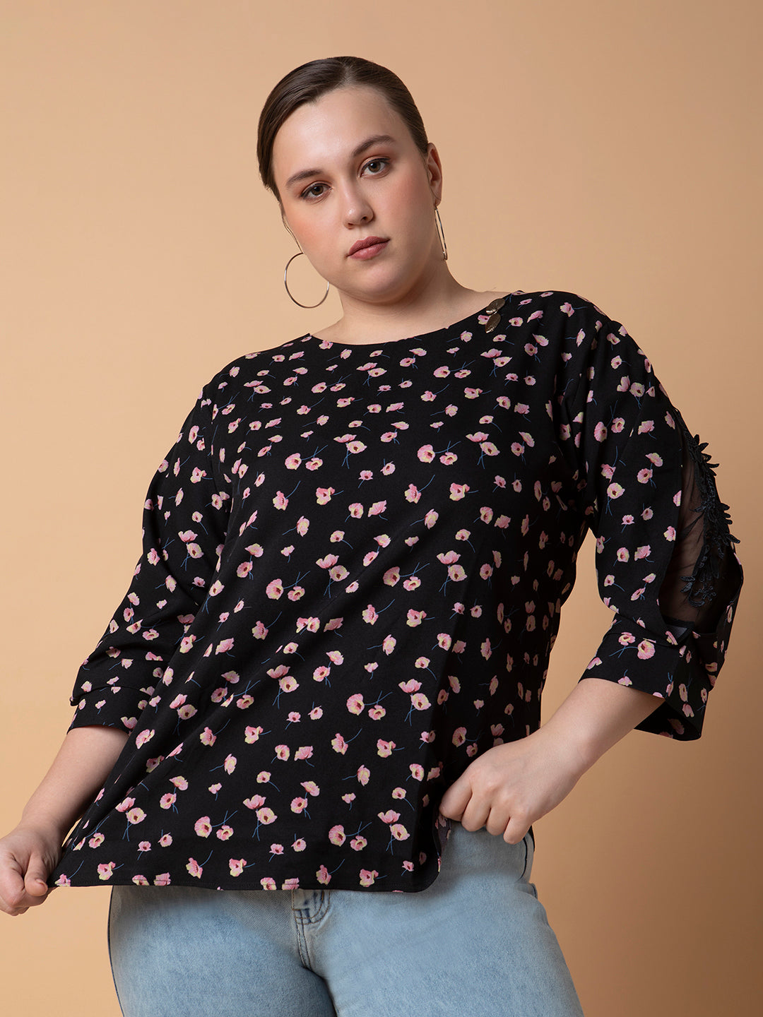 Women Floral Black Top