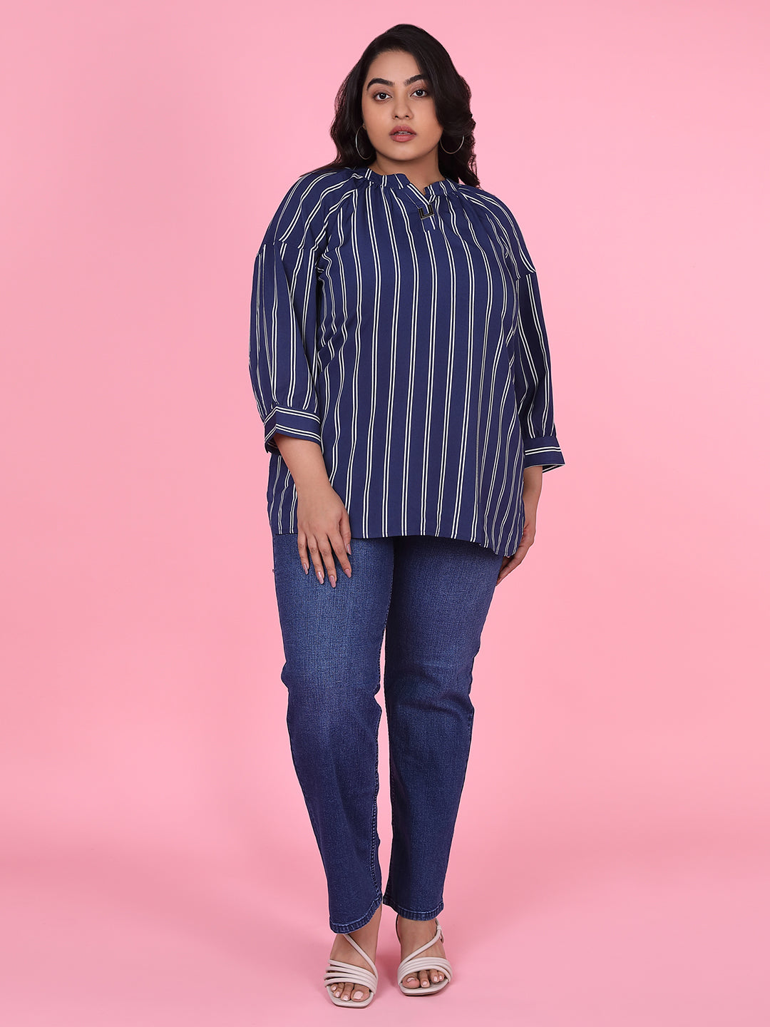 Women Striped Navy Blue Top