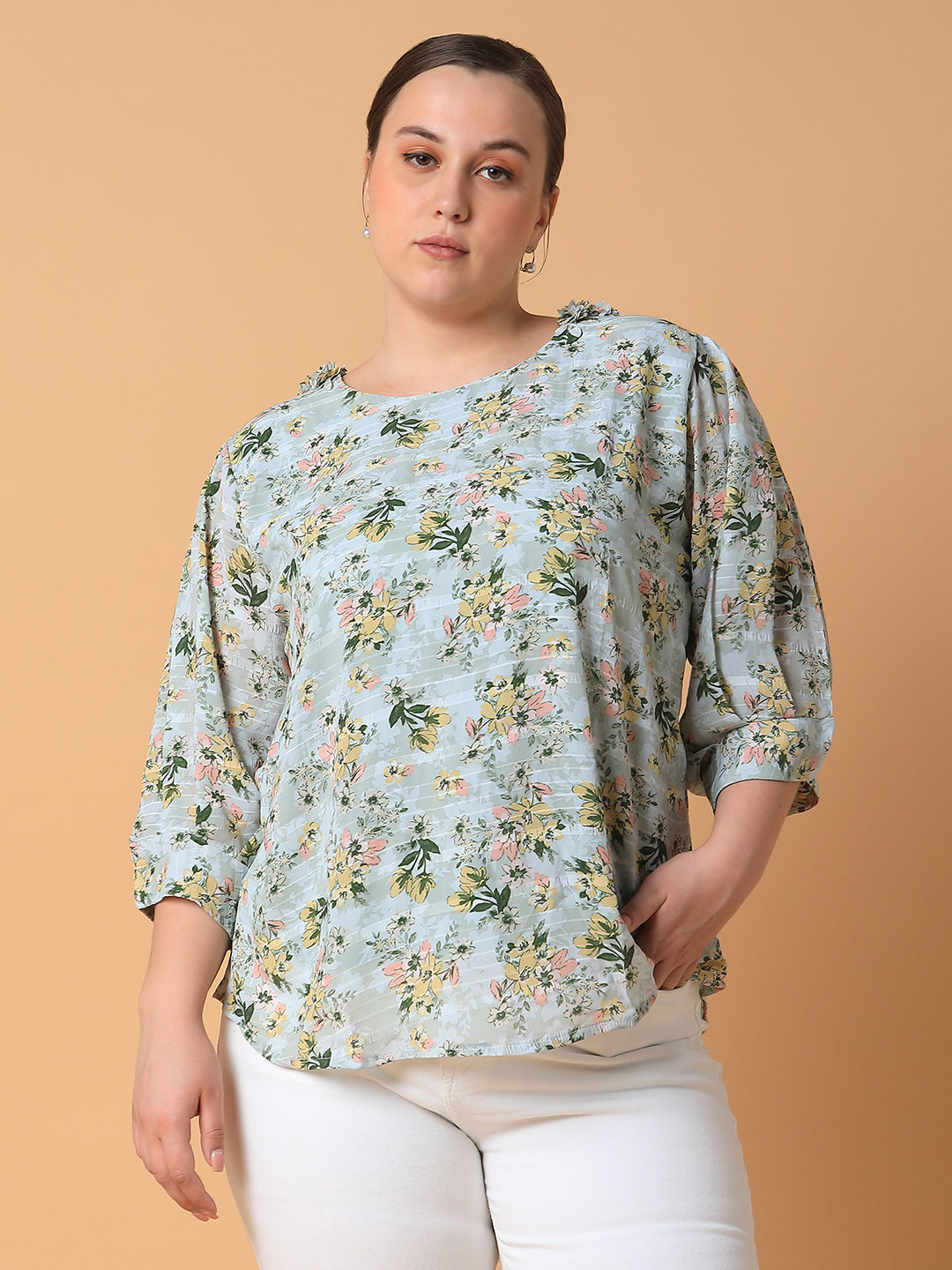 Women Floral Sea Green Top