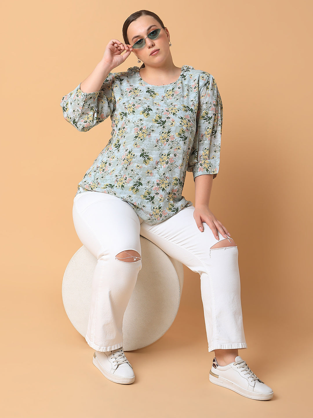 Women Floral Sea Green Top