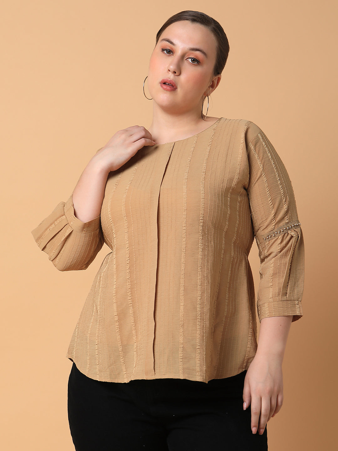 Women Striped Camel Brown Top