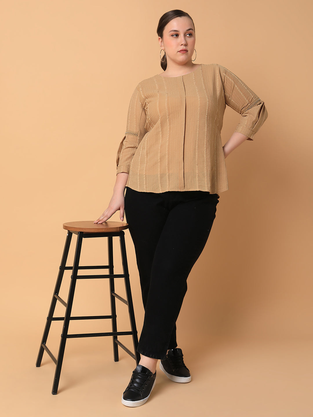 Women Striped Camel Brown Top